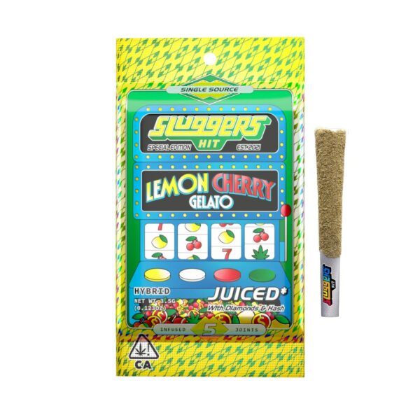 Lemon Cherry Gelato Sluggers Prerolls from Empire 420 in a sleek tin, infused with kief, hash, and diamonds.