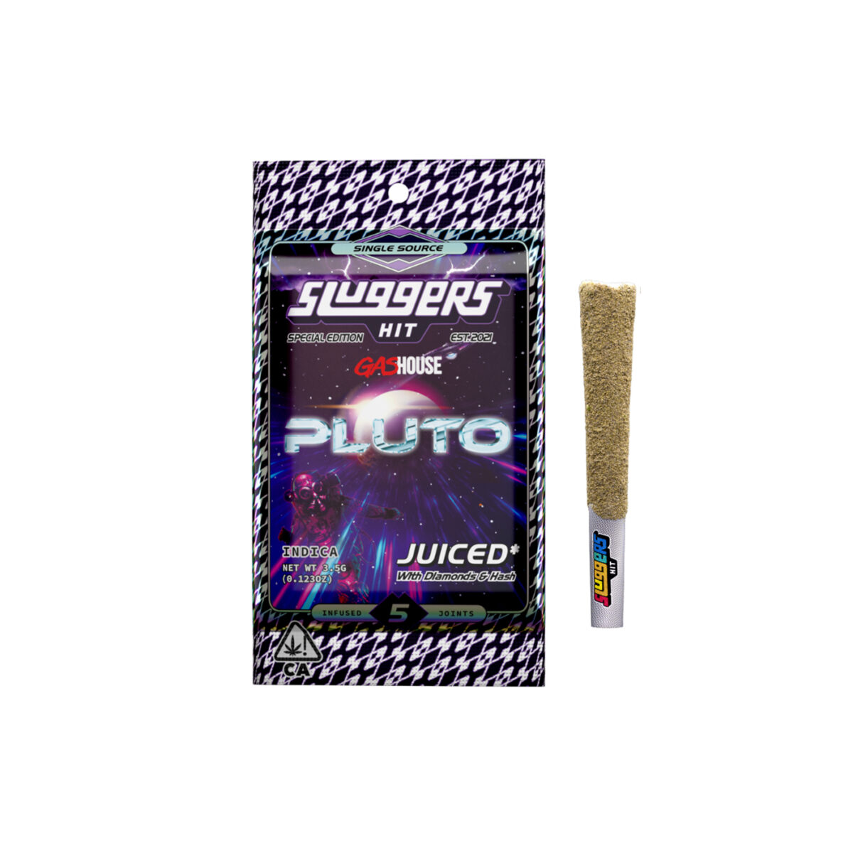 Pluto Indica Sluggers Prerolls from Empire 420, infused with premium kief, hash, and diamonds in a sleek, collectible tin.