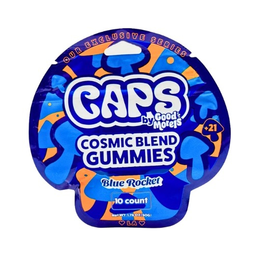 CAPS Cosmic Blend Mushroom Gummies in vibrant fruity flavors displayed on a clean background, promoting natural calm and balance.