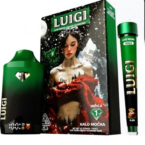 Luigi Series 7 Halo Mocha live resin liquid diamond indica 2G disposable vape with infused pre-roll